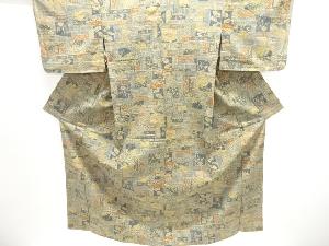 未使用品　風景に古典柄手織り紬単衣着物